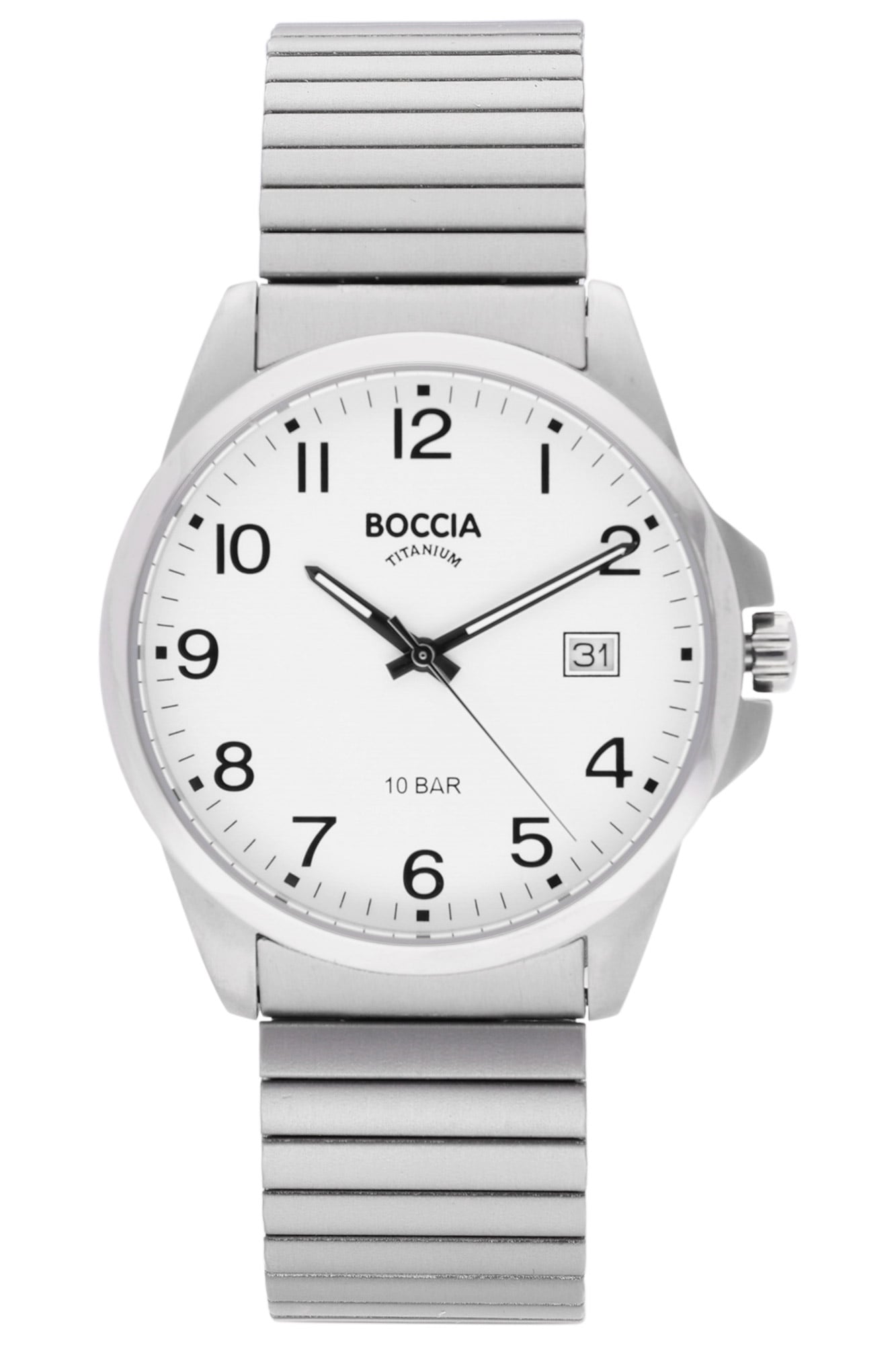 Boccia Herrenuhr aus Titan, silbernes Zugband, weißes Zifferblatt mit Datumsfenster
