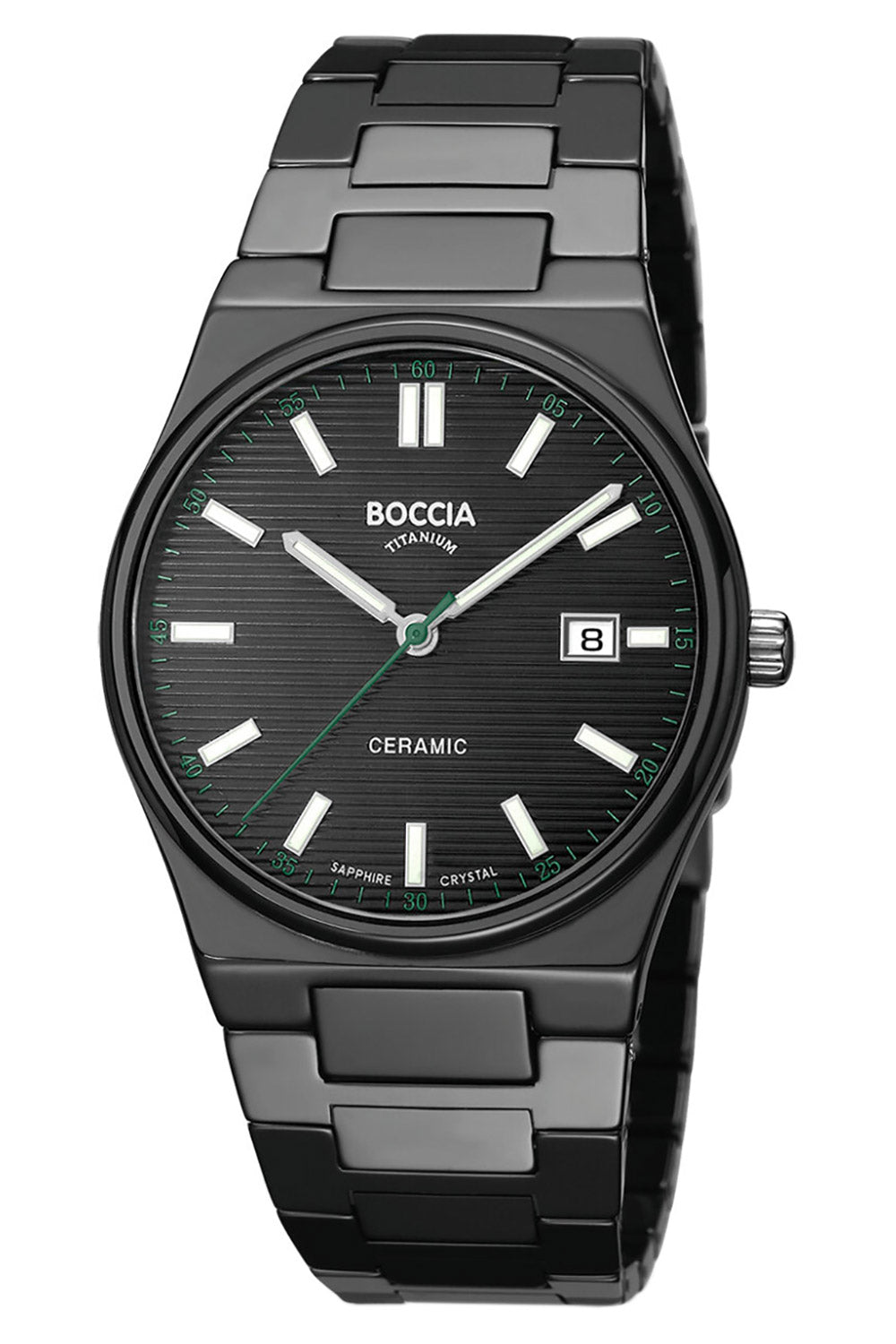 Boccia Herrenarmbanduhr, schwarze Keramik-Titanarmbanduhr mit Saphirglas und schwarzem Zifferblatt