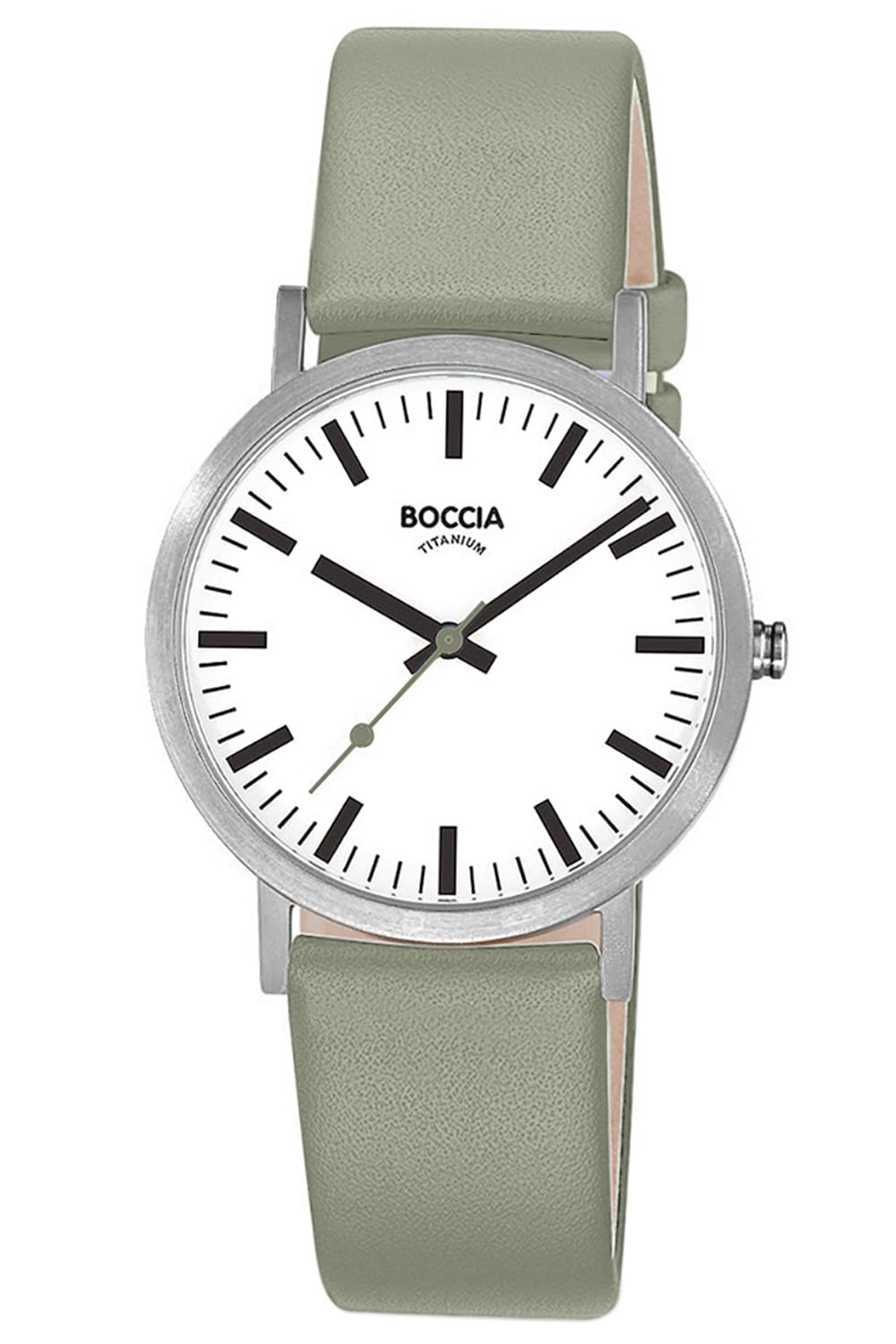 Boccia Damenarmbanduhr mit salbeigrünem Lederband und weißem Zifferblatt