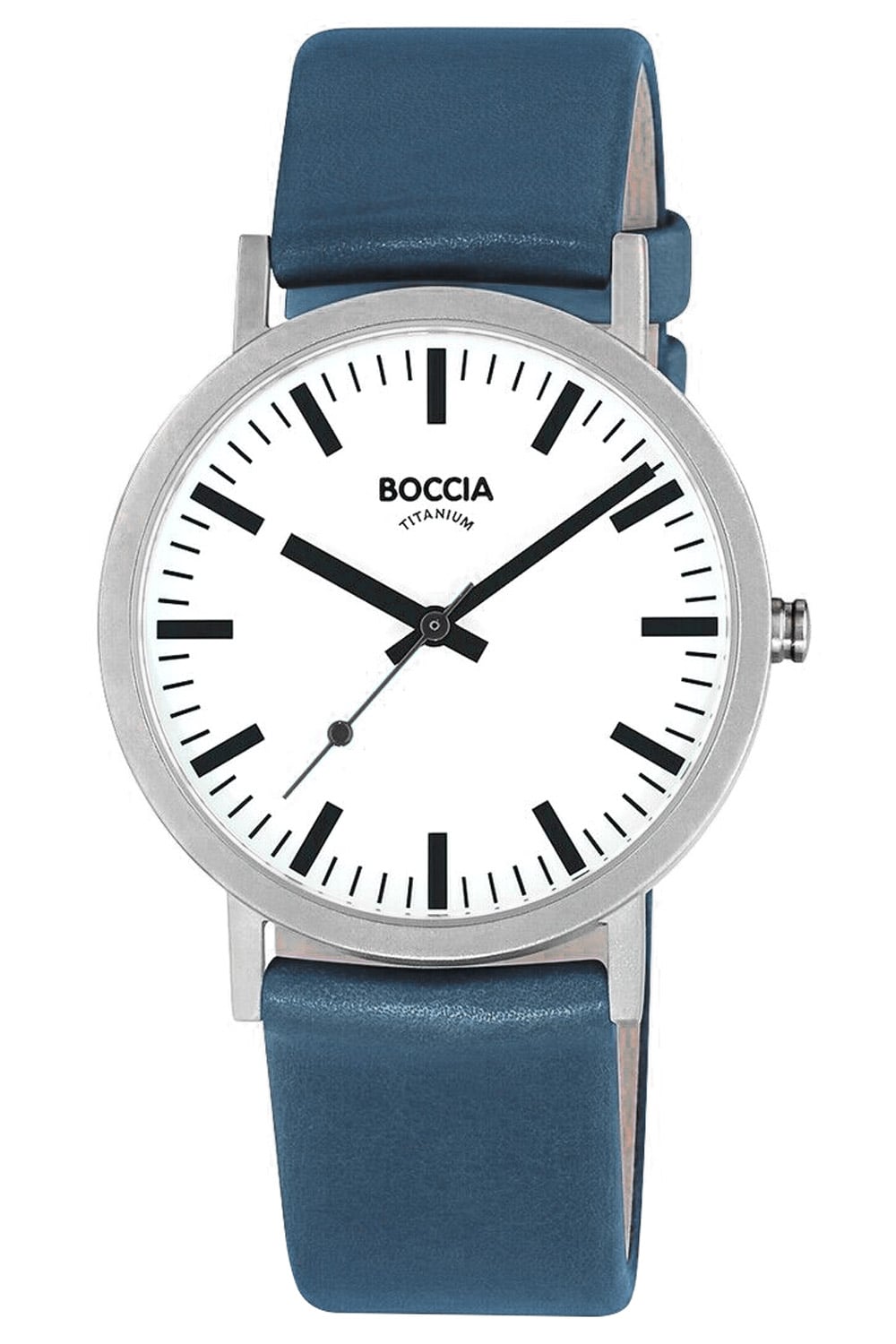 Boccia Herrenuhr mit rundem silbernem Gehäuse, blauem Lederband und weißem Zifferblatt.