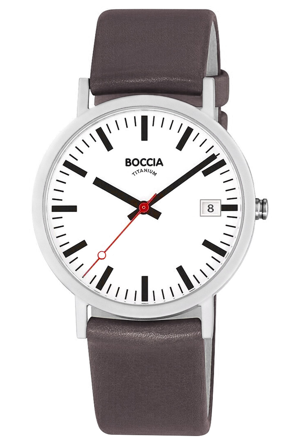 Boccia Classic Herrenuhr mit braunem Lederarmband und weißem Zifferblatt, schwarze Zeiger