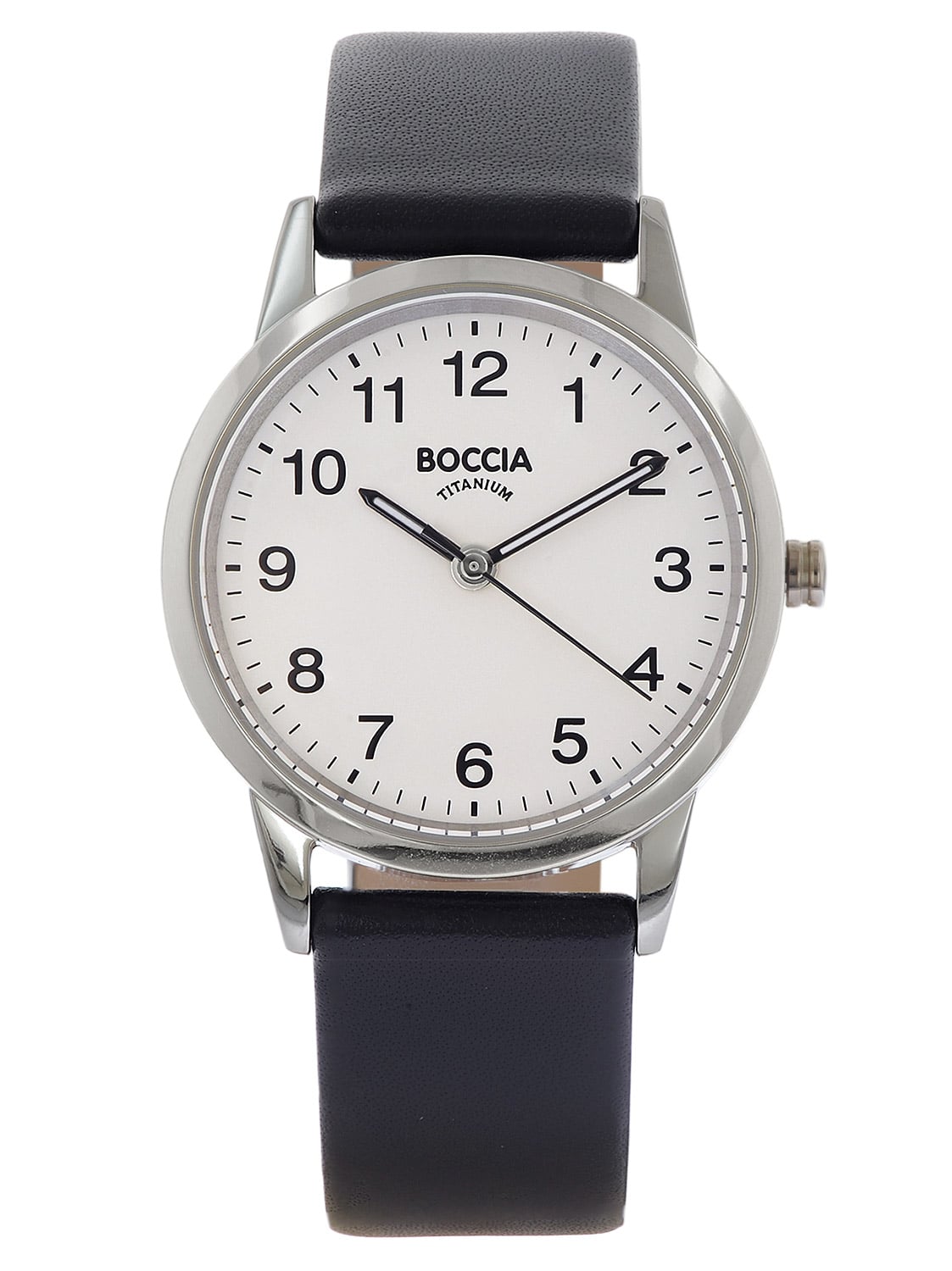 Damenarmbanduhr von Boccia mit schwarzem Lederband und silbernem Titan-Gehäuse, weißem Zifferblatt