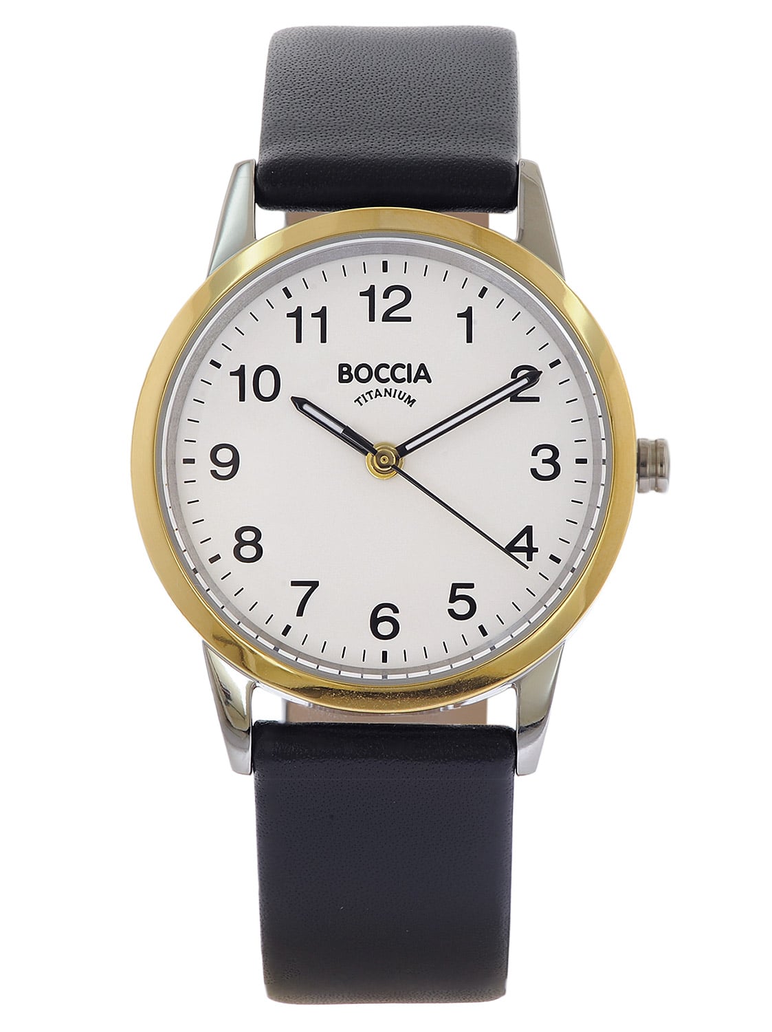 Boccia Damenarmbanduhr mit rundem weißem Zifferblatt, goldfarbenem Gehäuse und schwarzem Lederband
