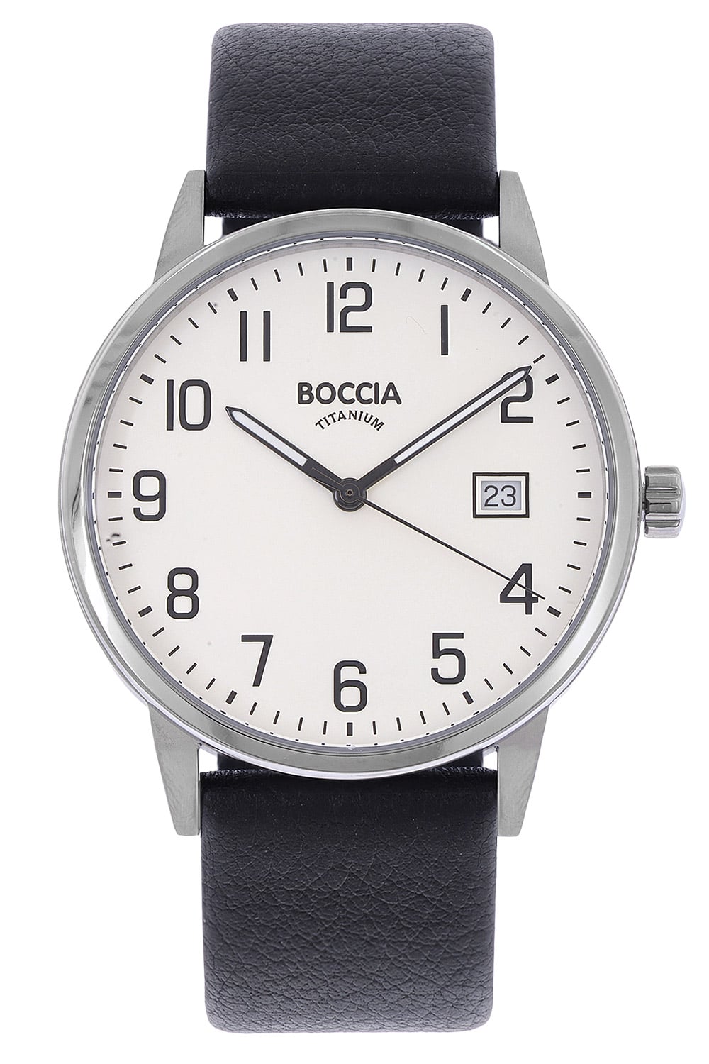Boccia Herrenarmbanduhr mit Titan-Gehäuse, schwarzem Lederband, weißem Zifferblatt und Datumsfenster