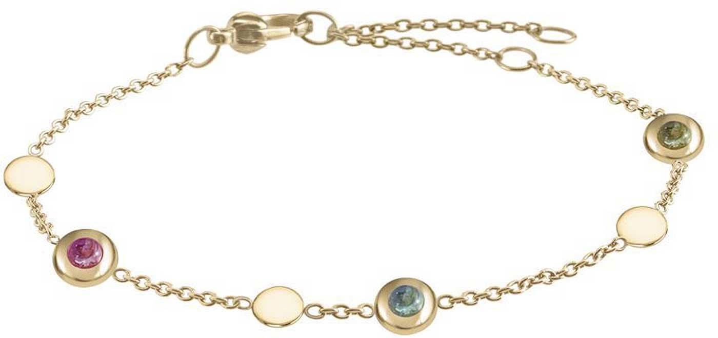 Guldpläterat armband med fem färgglada turmaliner i klossfattningar.