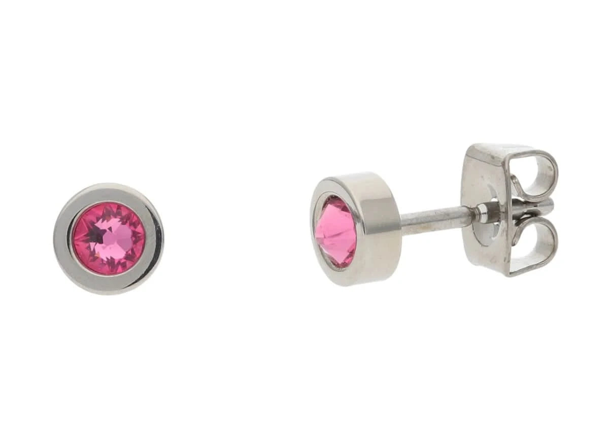 Örhängen i titan med rund rosa sten, silverfärgad infattning och snäpplås