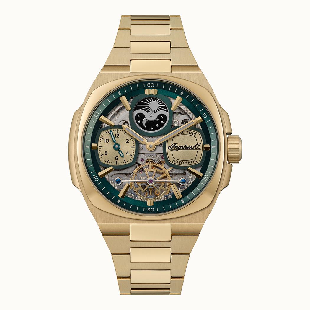 Goldfarbene Herrenuhr mit blauem Zifferblatt und Skelett-Detail, Automatikwerk