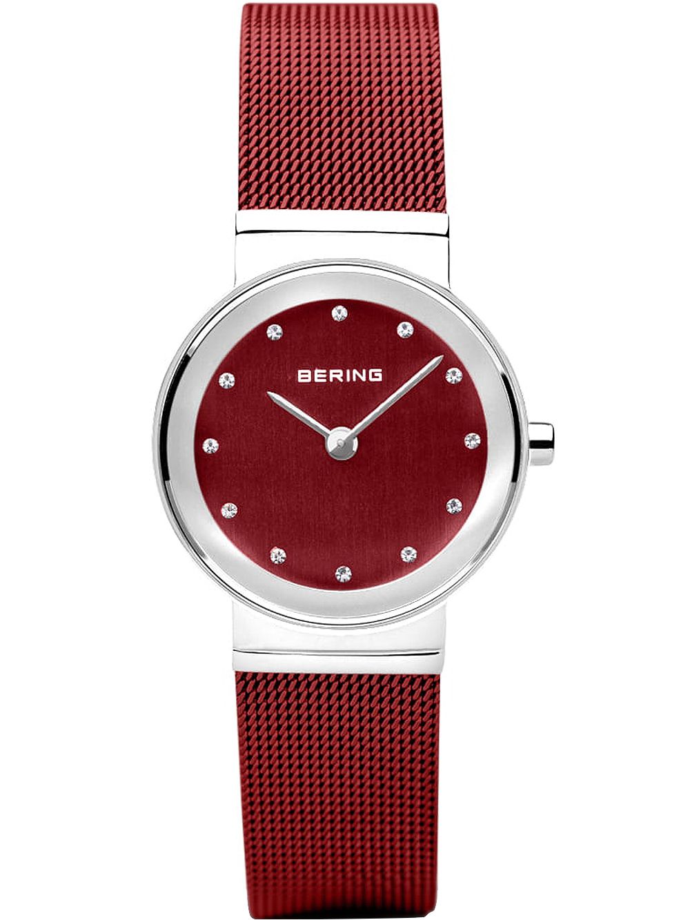 Bering Damenarmbanduhr mit rotem Meshband, rotem Zifferblatt und silbernem Gehäuse