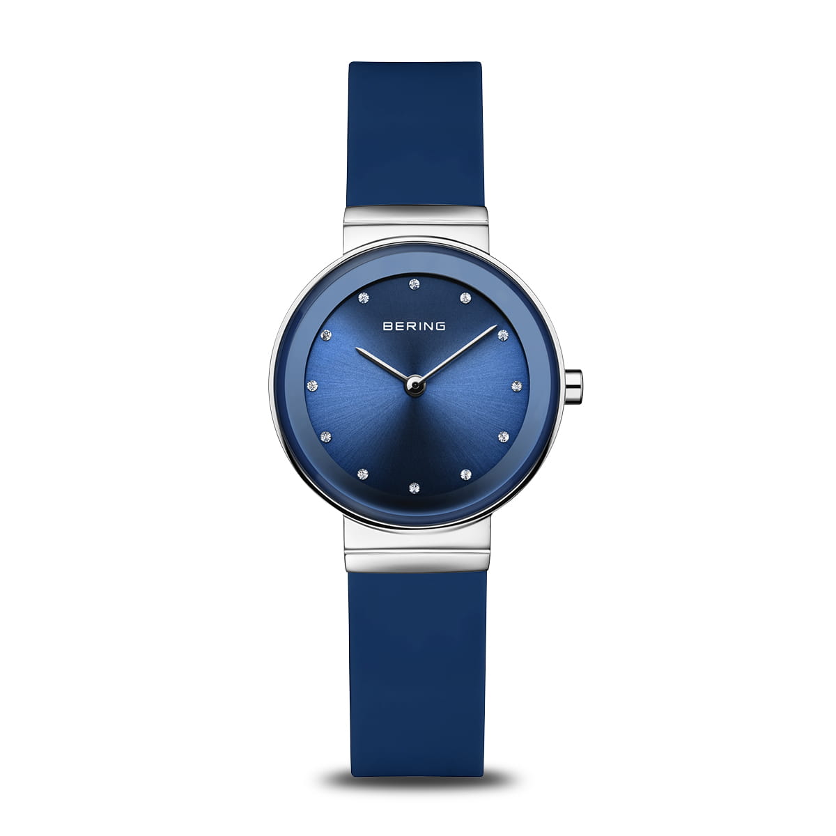 Bering Damenarmbanduhr mit blauem Zifferblatt, silbernem Gehäuse und blauem Armband.