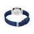 Bering Damenarmbanduhr mit blauem Armband, silberner Schließe und Einstelllöchern.