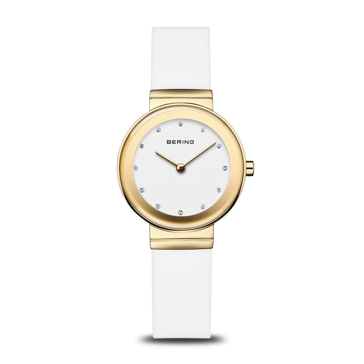 Damenuhr mit rundem weißem Silikonarmband, goldfarbener Lünette und weißem Zifferblatt