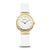Bering Classic Damenarmbanduhr mit goldfarbener Lünette, weißem Zifferblatt und weißem Band.