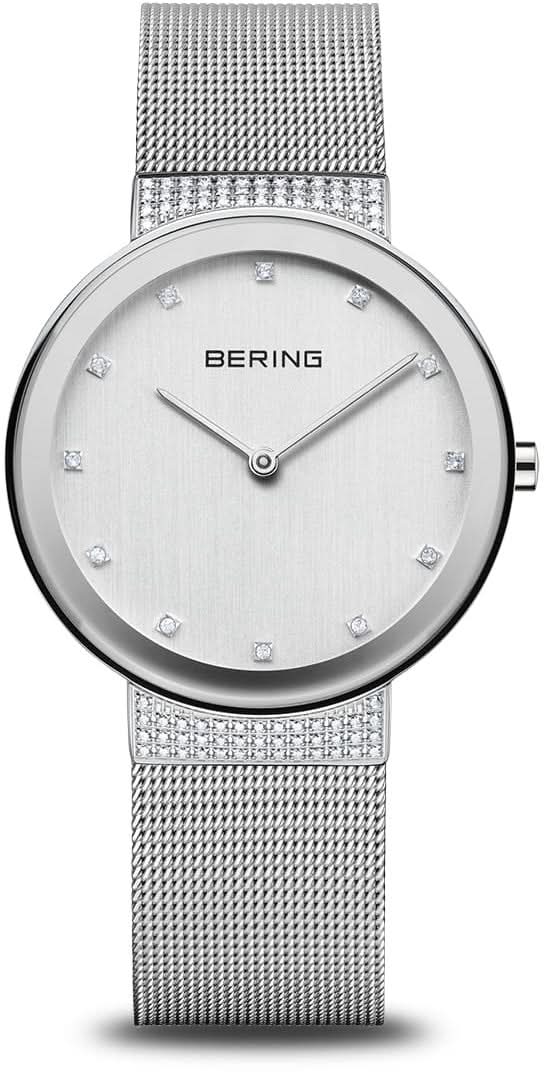 Bering damklocka: silverfärgat Milanese-armband, silverfärgad urtavla med strassmarkörer