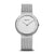Bering Damenarmbanduhr mit silbernem Zifferblatt, silberfarbenem Gehäuse, Diamant-Indizes und Mesh-Armband.