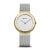 Bering Damenarmbanduhr mit silbernem Zifferblatt, goldfarbenem Gehäuse, Diamant-Indizes und Mesh-Armband.