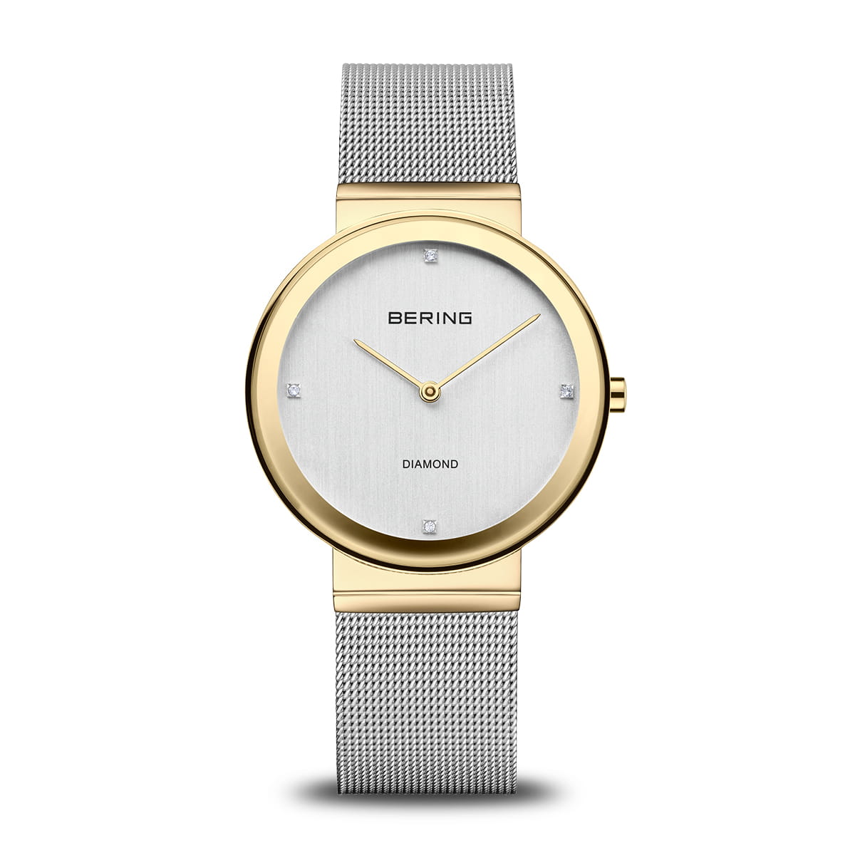 Bering Damenarmbanduhr mit silbernem Zifferblatt, goldfarbenem Gehäuse und Mesh-Armband.