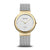 Bering Damenarmbanduhr mit silbernem Zifferblatt, goldfarbenem Gehäuse und Mesh-Armband.