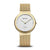 Bering Damenarmbanduhr mit silbernem Zifferblatt, goldfarbenem Gehäuse und goldfarbenem Mesh-Armband.