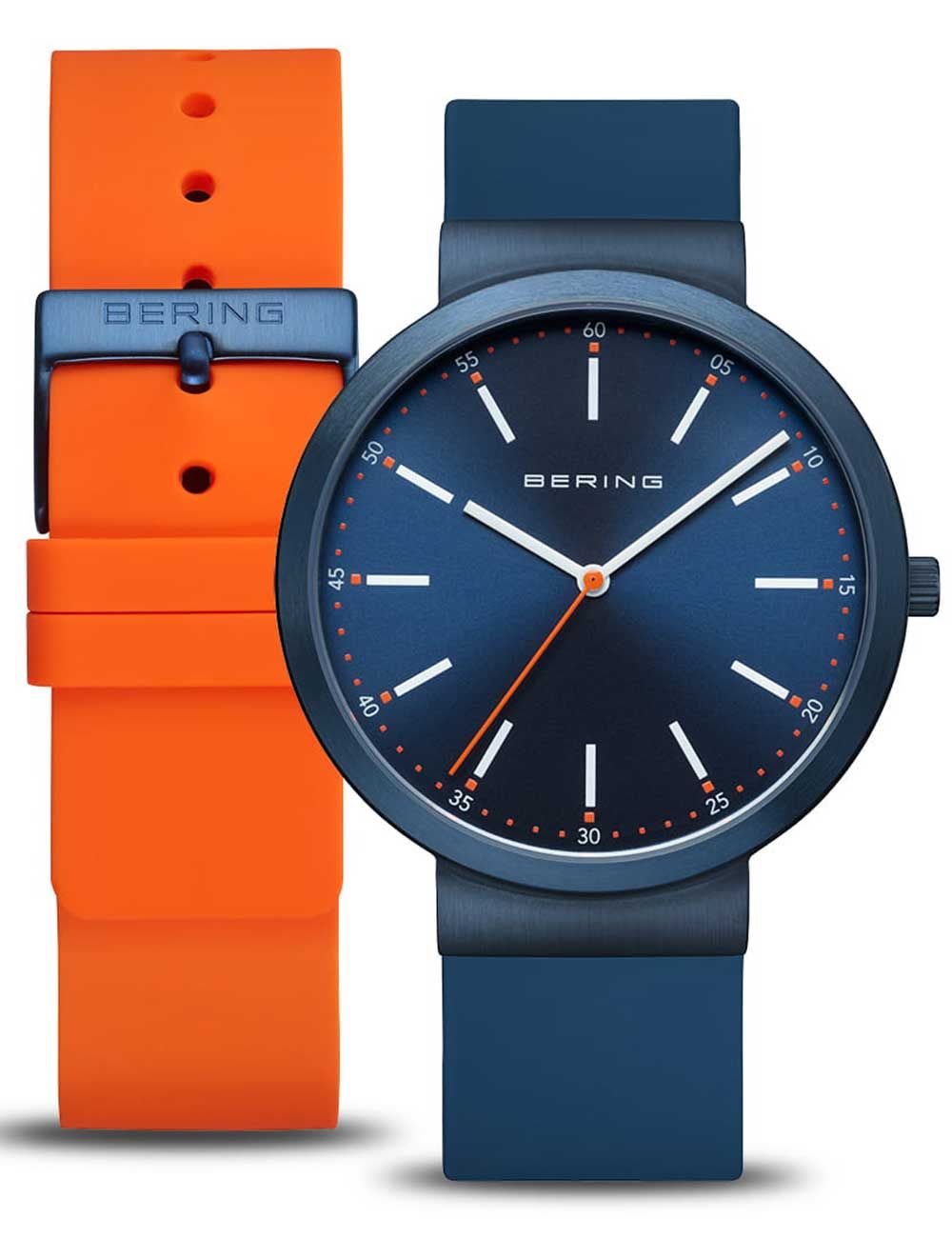 Bering Classic Herrenarmbanduhr mit blauem Zifferblatt, Silikonband-Set (Orange/Blau)