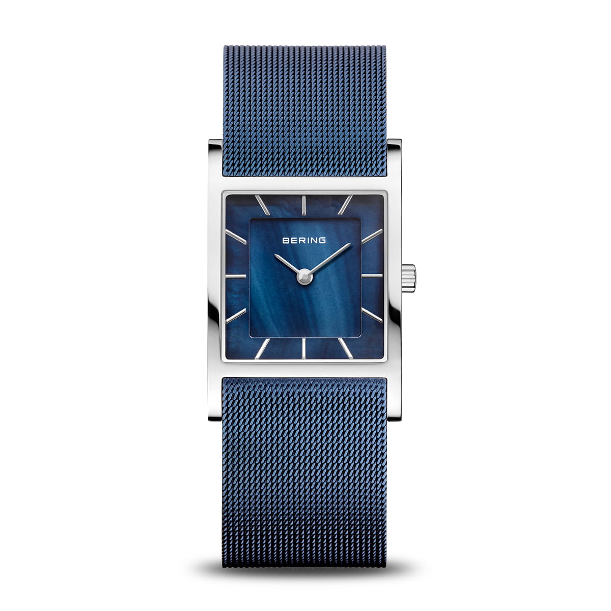 Bering Damenuhr mit blauem Milanaise-Armband und rechteckigem Zifferblatt