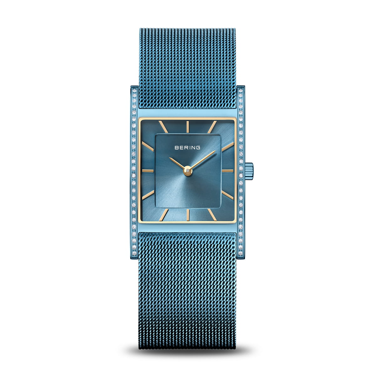 Bering Damenuhr mit Milanaise-Armband in Blau, quadratisches Zifferblatt mit goldenen Akzenten