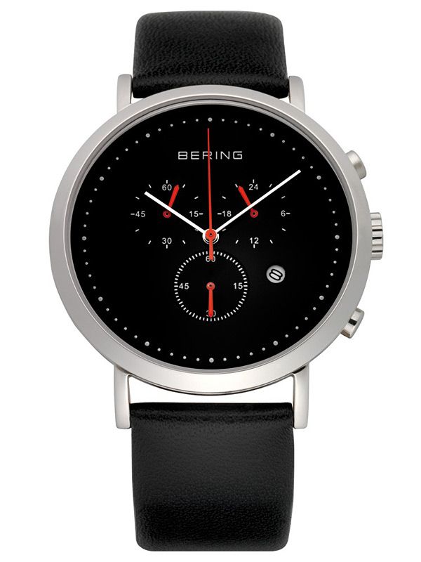 Bering Herrenuhr mit schwarzem Zifferblatt, schwarzem Lederarmband und silbernem Gehäuse