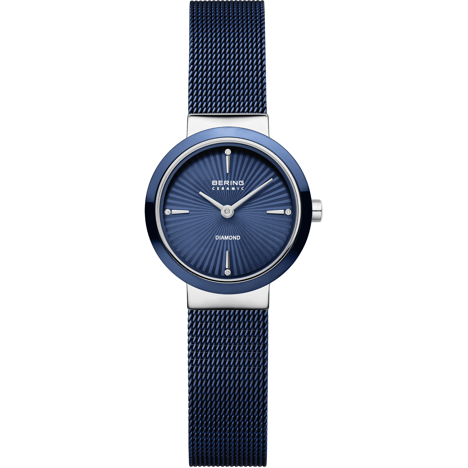 Bering Damen-Armbanduhr mit blauem Zifferblatt, Keramiklünette und Milanaise-Armband