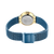 Damenarmbanduhr-Rückansicht mit blauem Meshband, goldener Schließe und Gehäuseboden