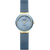 Damenarmbanduhr mit blauem Zifferblatt und goldener Keramiklünette, blaues Meshband