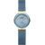 Damenarmbanduhr mit blauem Zifferblatt, goldener Keramiklünette und blauem Meshband