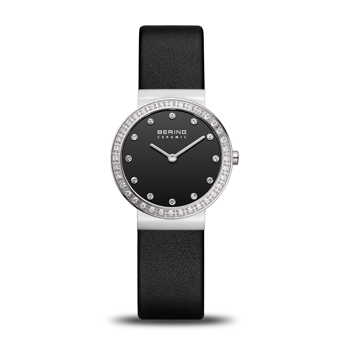 Bering Damenuhr aus Hightech-Keramik, schwarzes Zifferblatt mit Steinrand, schwarzes Band