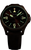 Herrarmbandsur med svart urtavla och gröna självlysande markeringar, läderarmband