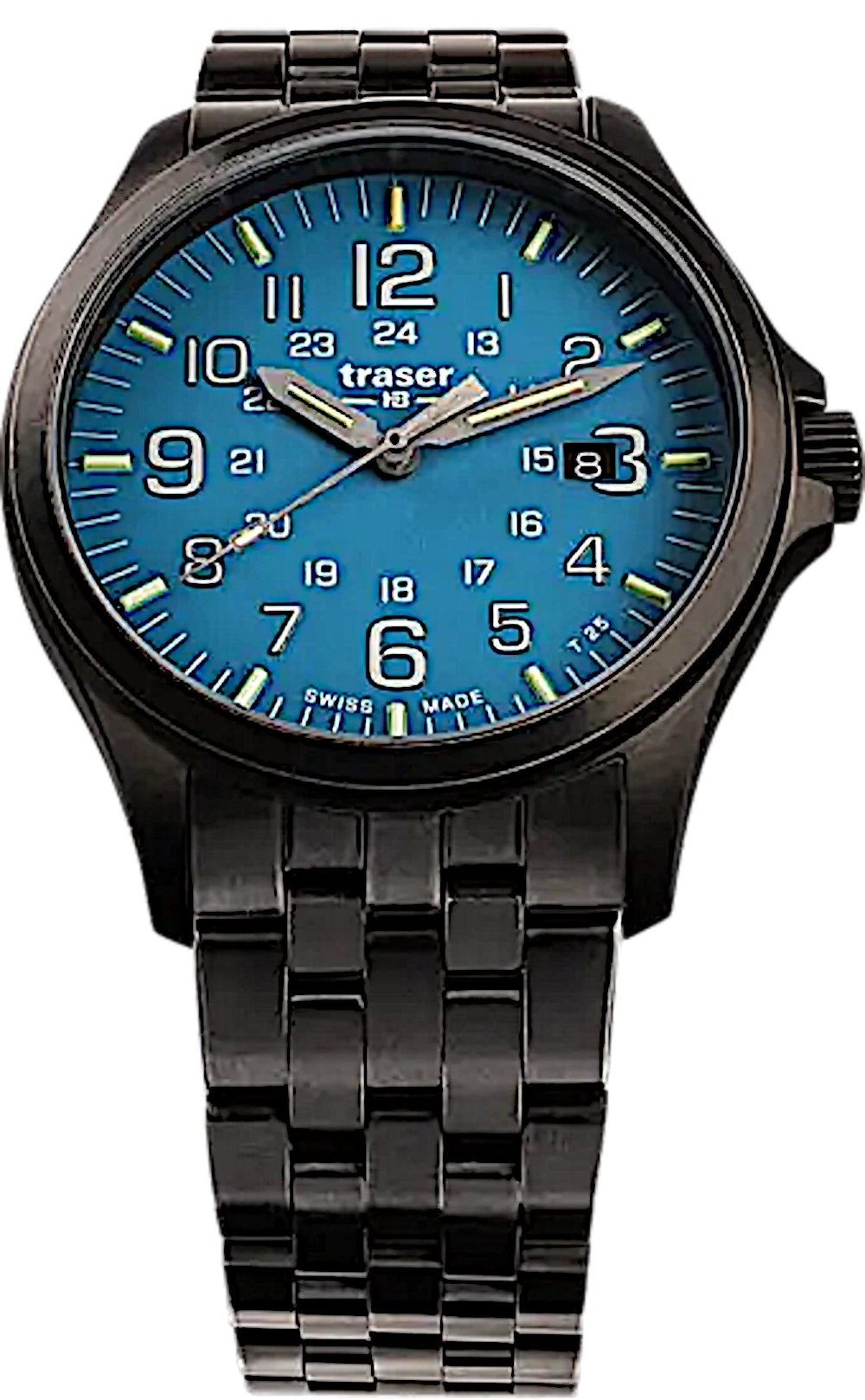 Herrklocka med blågrön urtavla, självlysande visare och armband i metall
