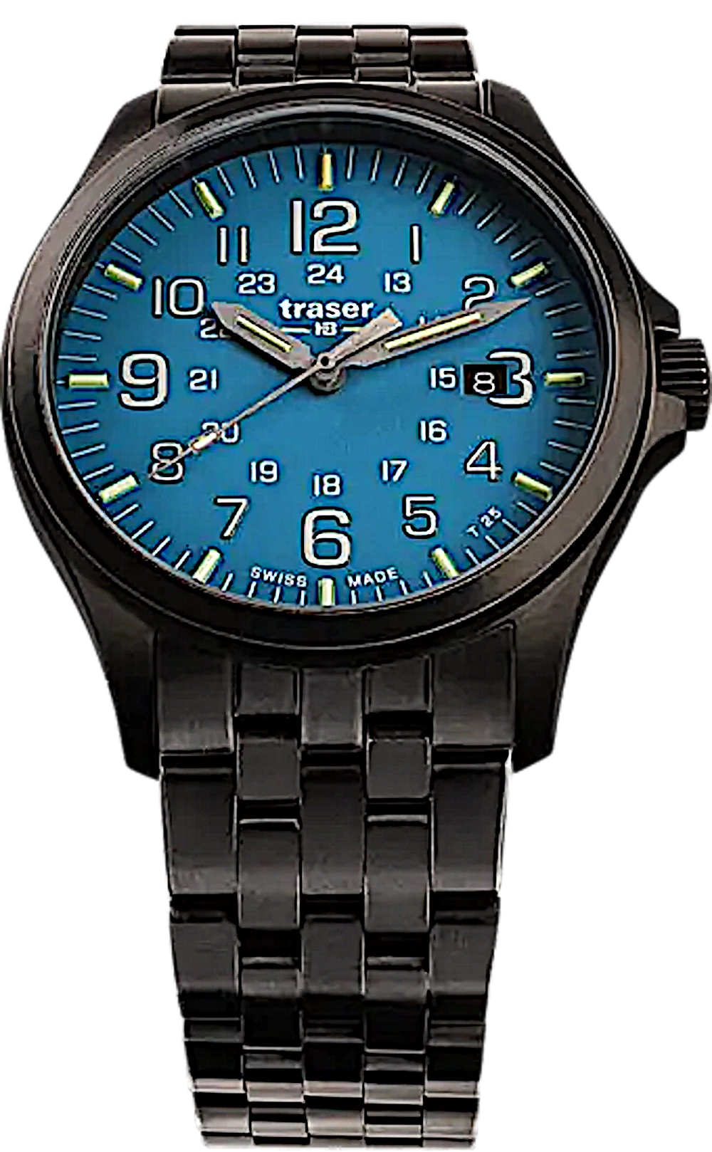 Traser P67 Officer Pro Herrenuhr mit blauem Zifferblatt, Trigalight-Akzenten und Stahlarmband