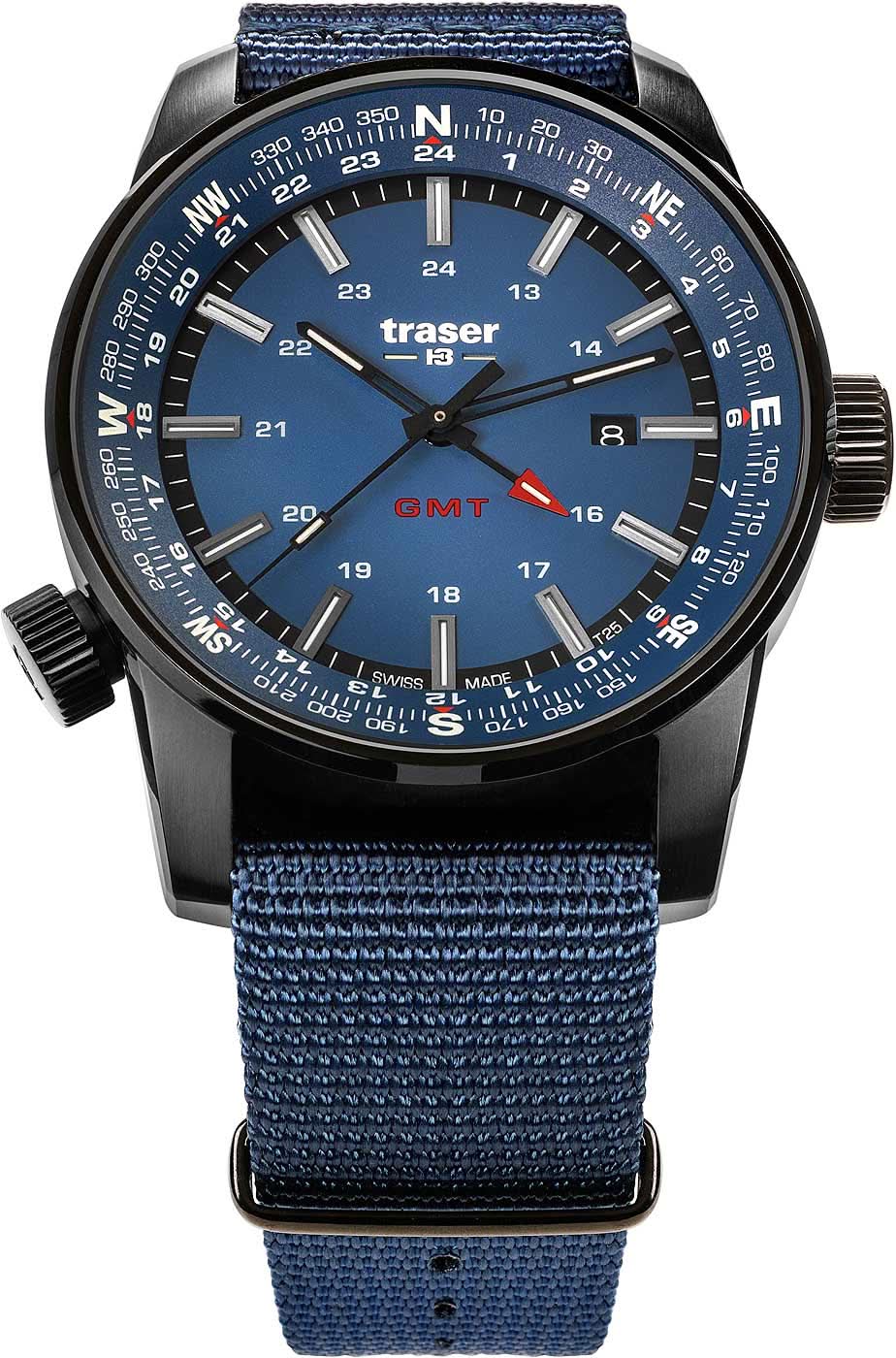 Armbandsur med blå urtavla, mörkt boett och blått textilarmband, krona till höger