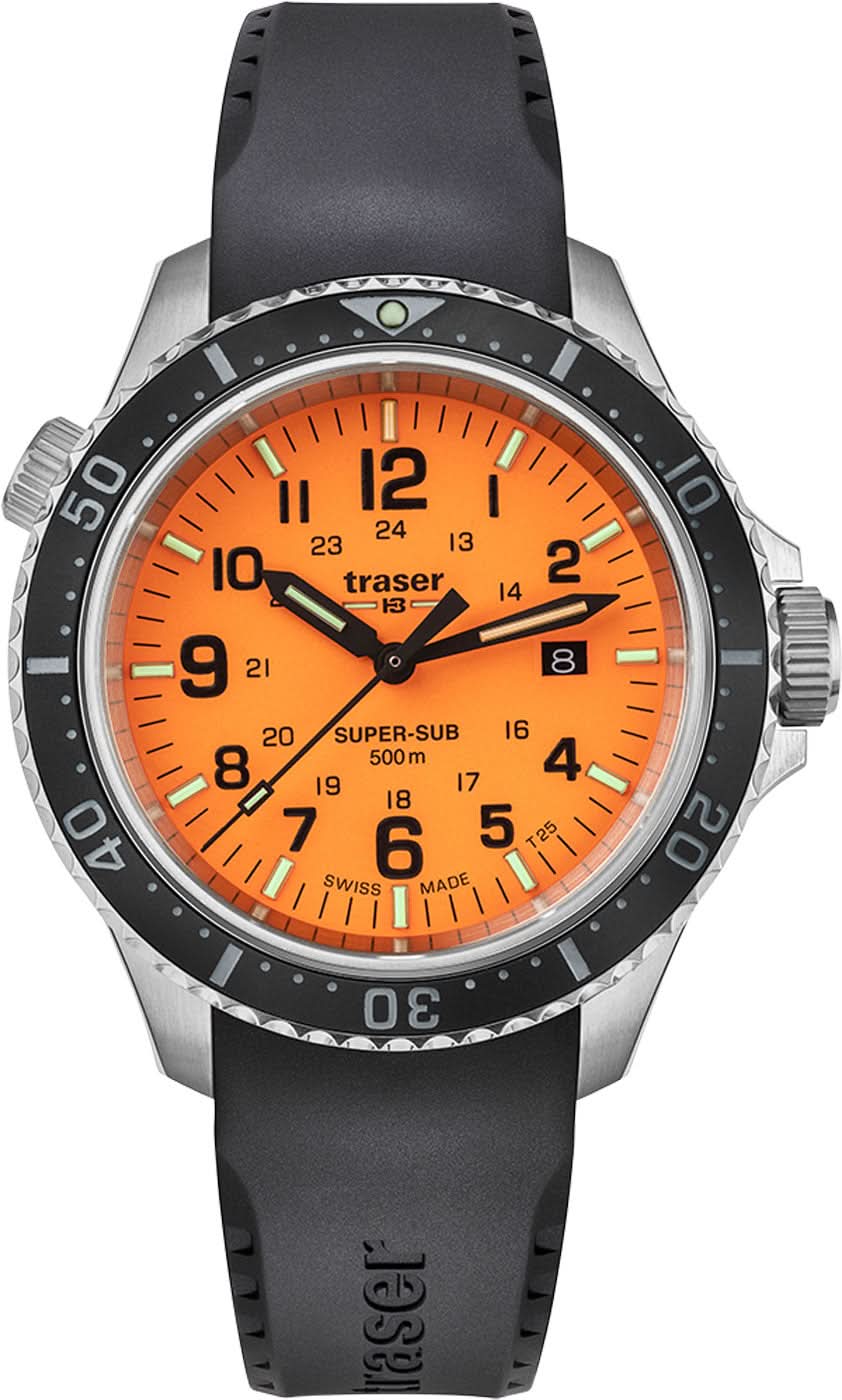 Herrklocka med svart boett, orange urtavla och silikonarmband.