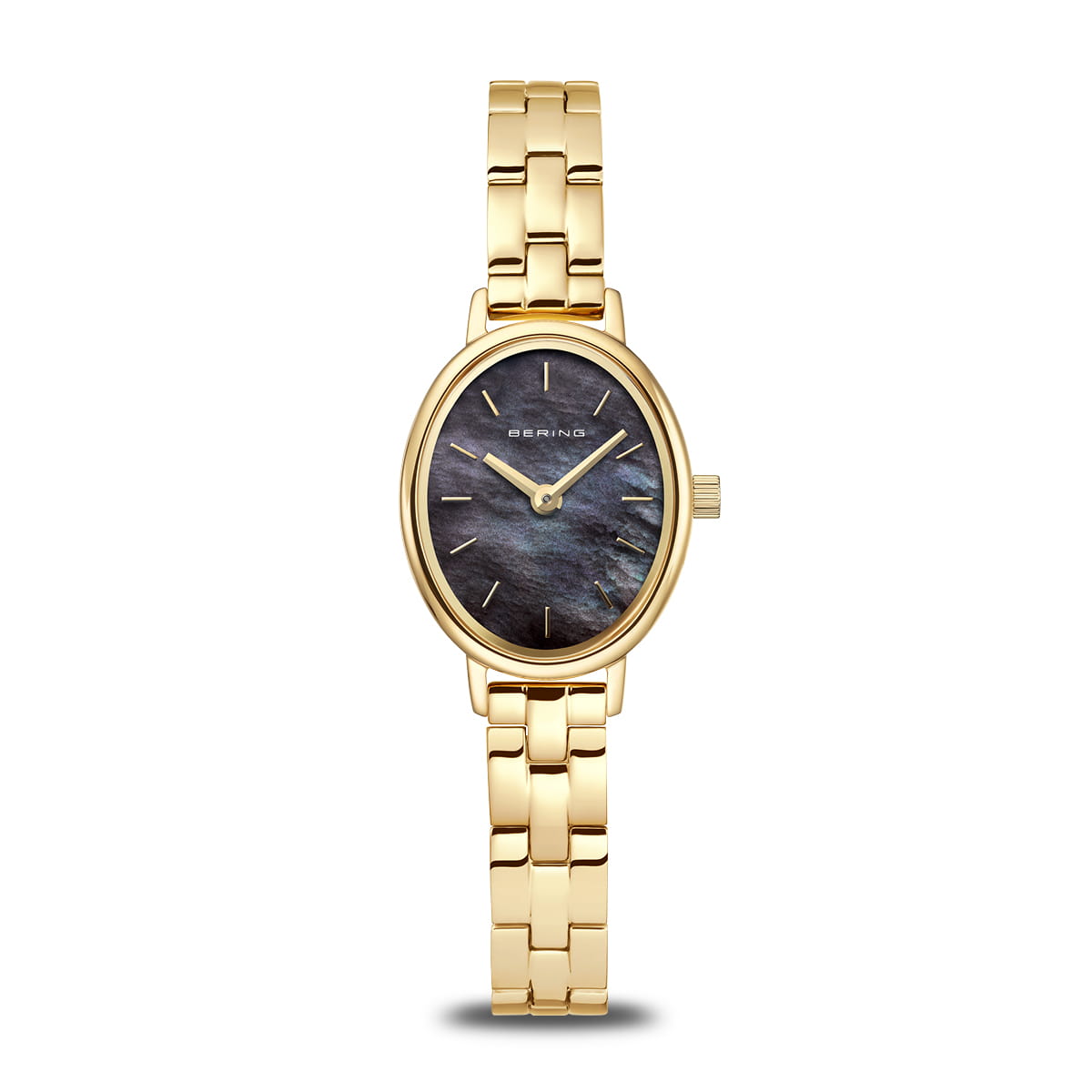 Bering Damenuhr mit goldenem Metallarmband und dunkelblauem Zifferblatt, runde Lünette