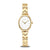 Damenuhr mit goldenem Metallarmband und weißem Zifferblatt, klaren Zeigern und Indizes