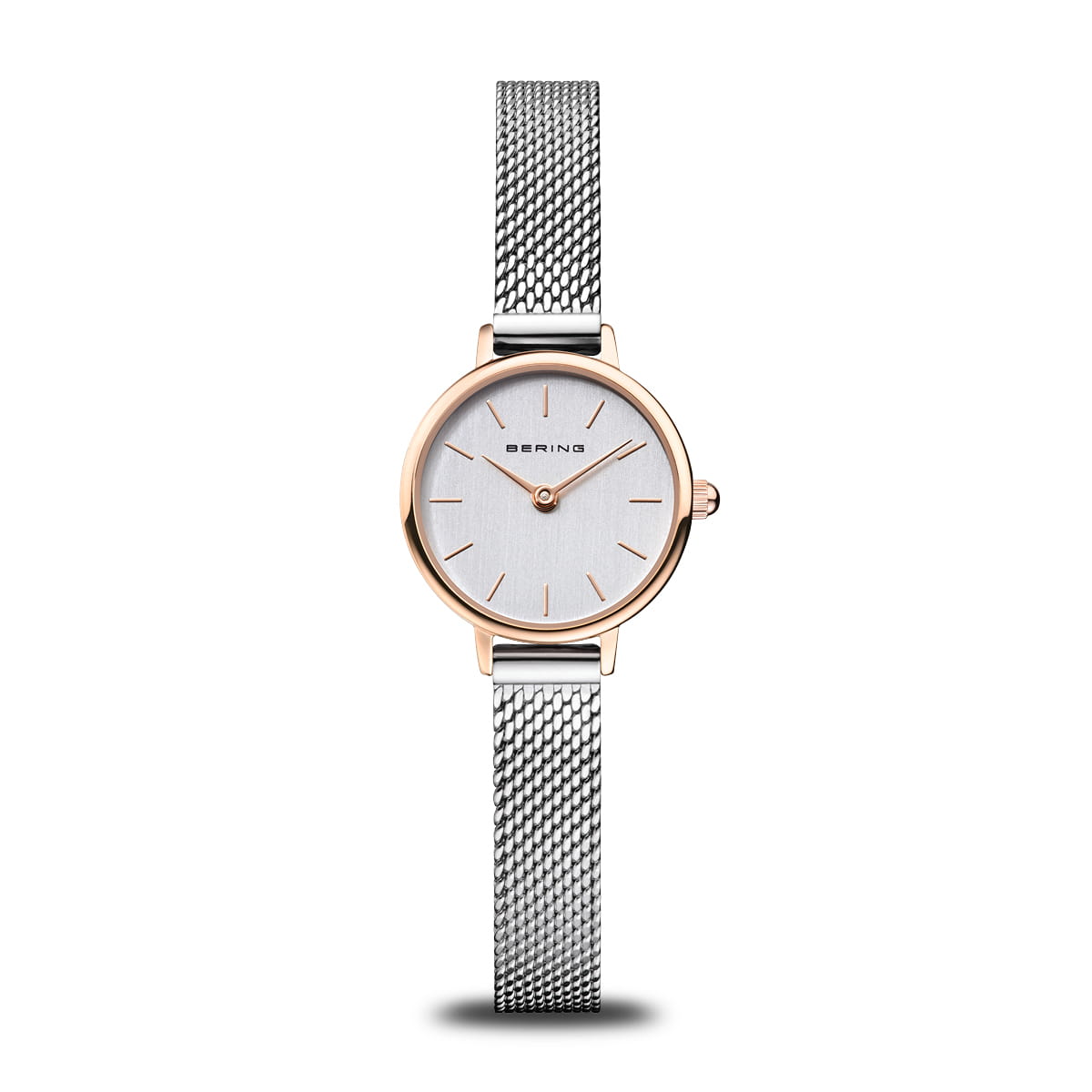 Bering Damenuhr mit roségoldenem Gehäuse, weißem Zifferblatt und Milanaise-Armband