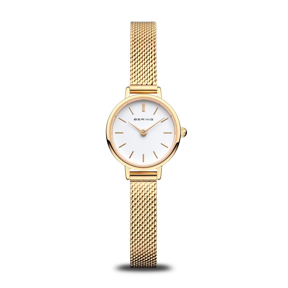 Bering Classic Damenuhr mit goldfarbenem Milanaise-Armband und weißem Zifferblatt