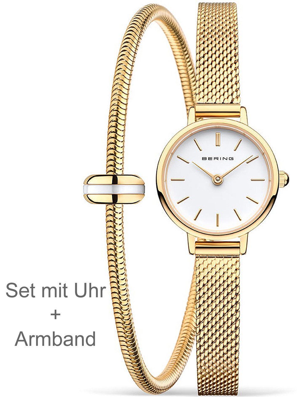 Damenarmbanduhr mit goldfarbenem Mesh-Armband und weißem Zifferblatt