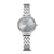 Damenuhr mit silbernem Metallarmband und rundem grauem Zifferblatt