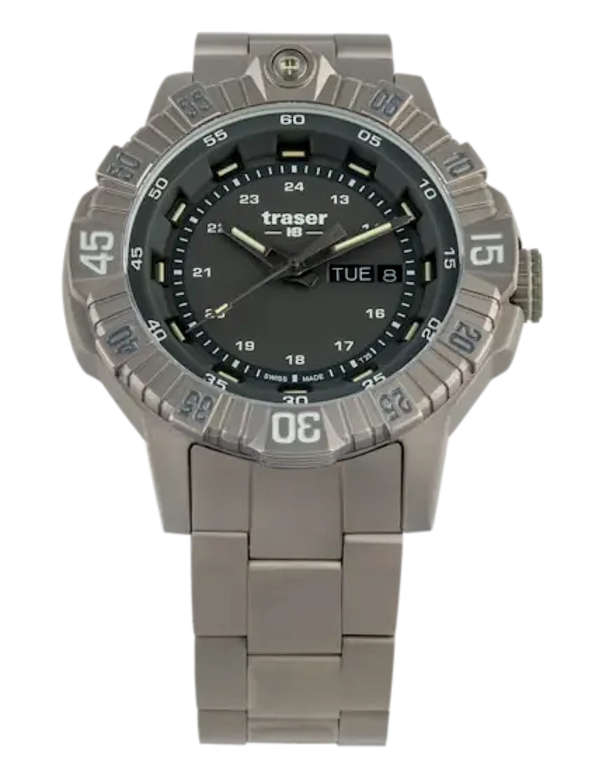 Herrklocka i titan med silverfärgat armband och svart urtavla med självlysande index