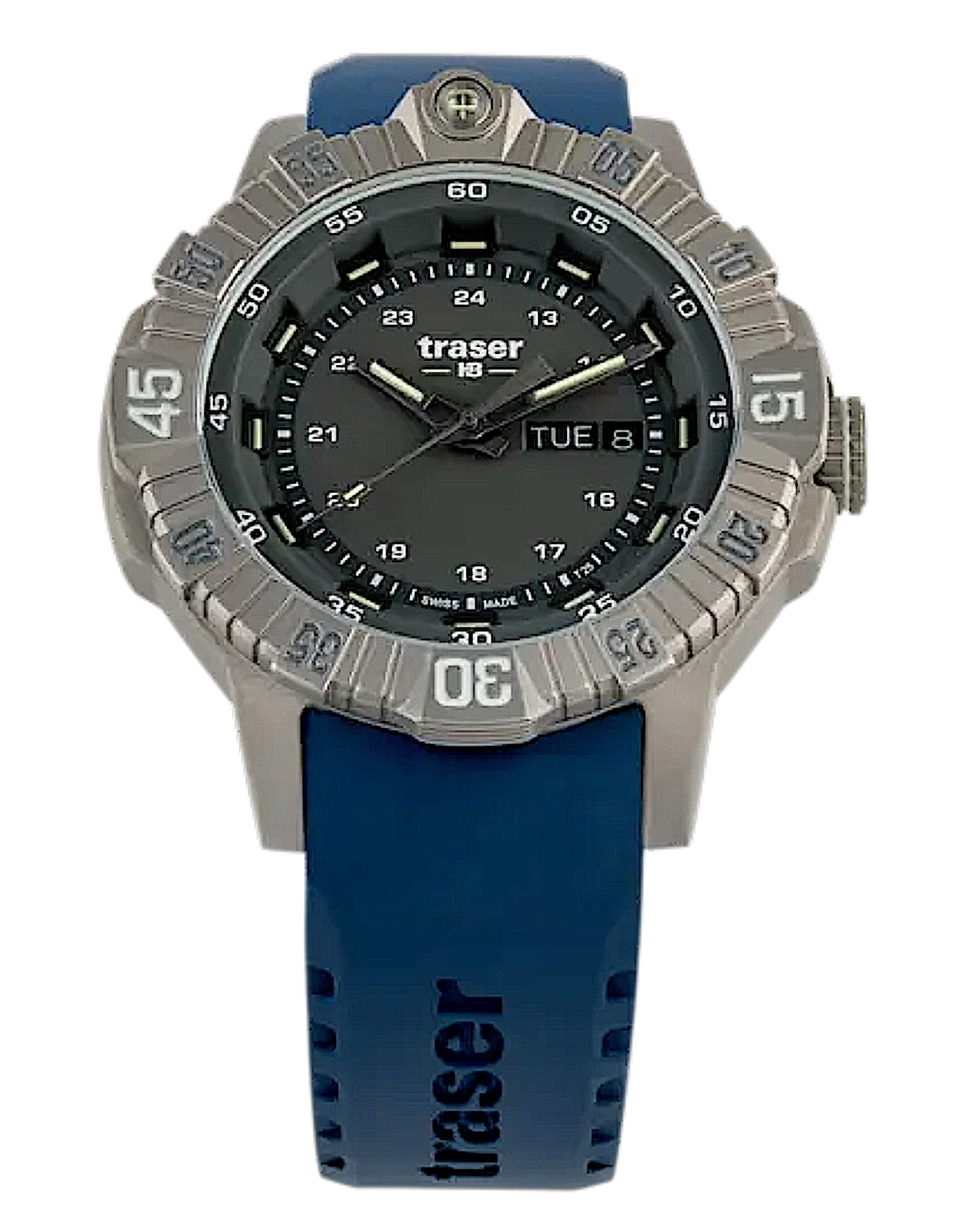 Traser P99 T Tactical herrklocka med blått silikonarmband och svart urtavla