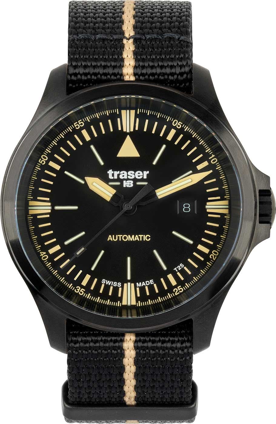 Herrklocka: svart urtavla, guldfärgade index, svart tygarmband med beige rand