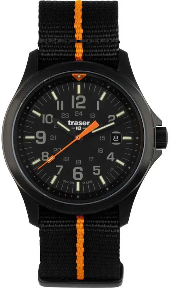 Traser herrklocka: svart urtavla, orange detaljer, svart textilarmband med ränder