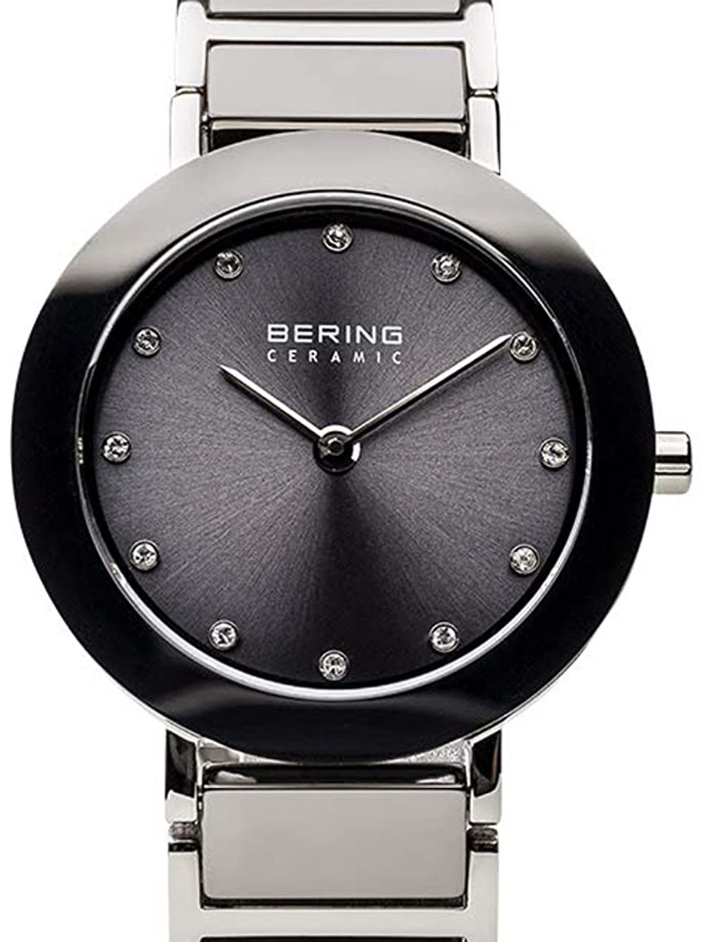 Bering Ceramic Damenuhr: graues Zifferblatt, runde Keramik-Lünette, Edelstahlband