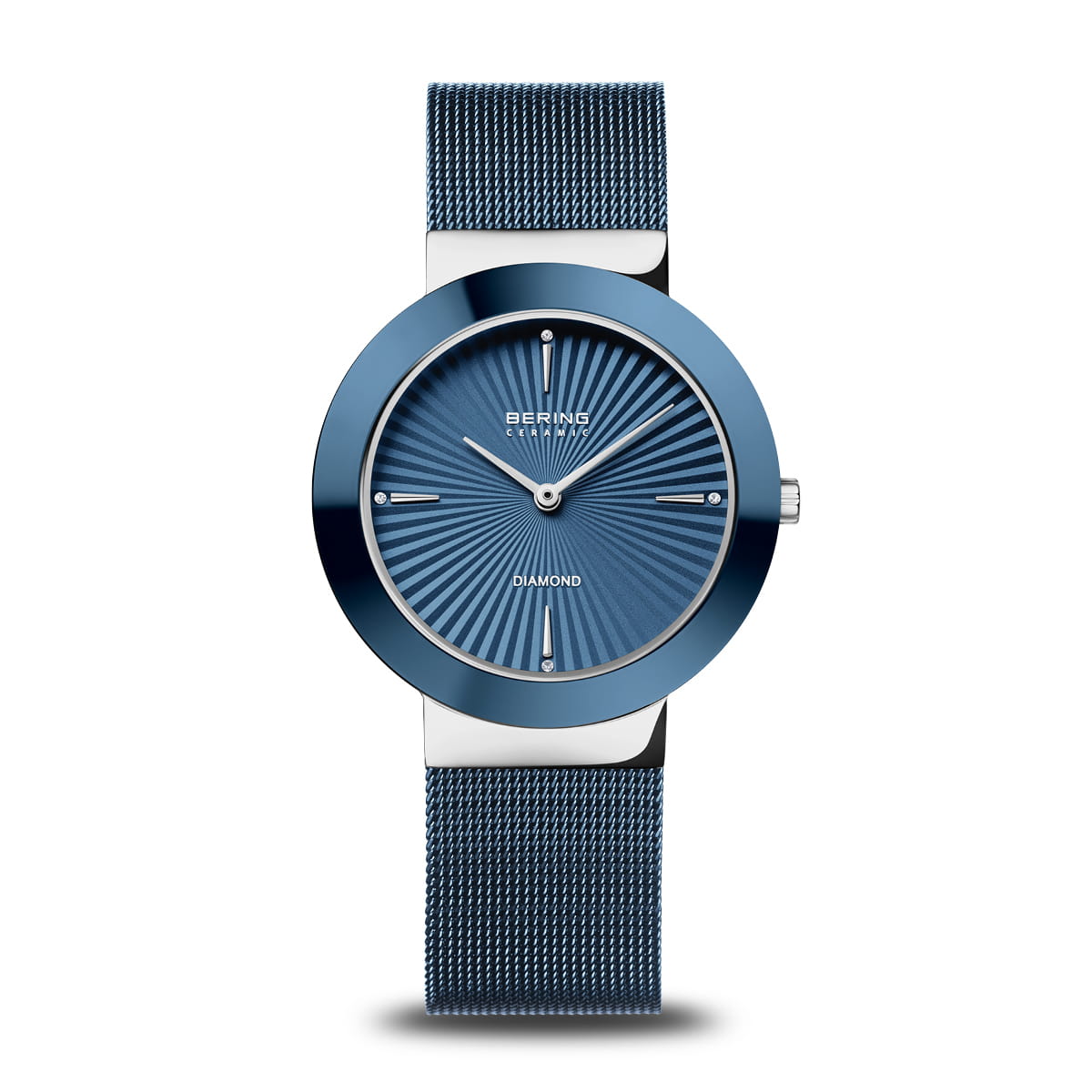 Damenuhr mit blauem Zifferblatt, runder Keramik-Lünette und blauem Mesh-Armband