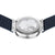 Damenuhr Rückseite mit Weltkarten-Design im silbernen Glas, blaues Mesh-Armband