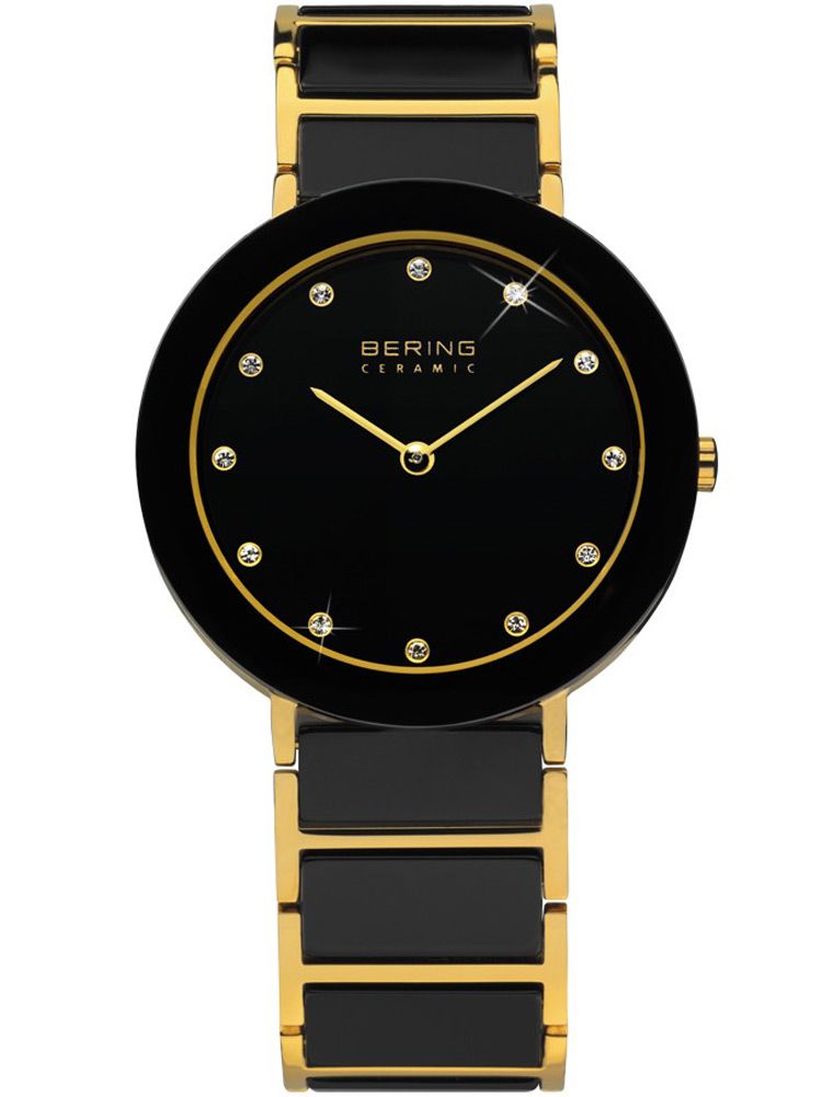 Damenarmbanduhr mit goldfarbenem Armband und schwarzem Zifferblatt, minimalen Indexen